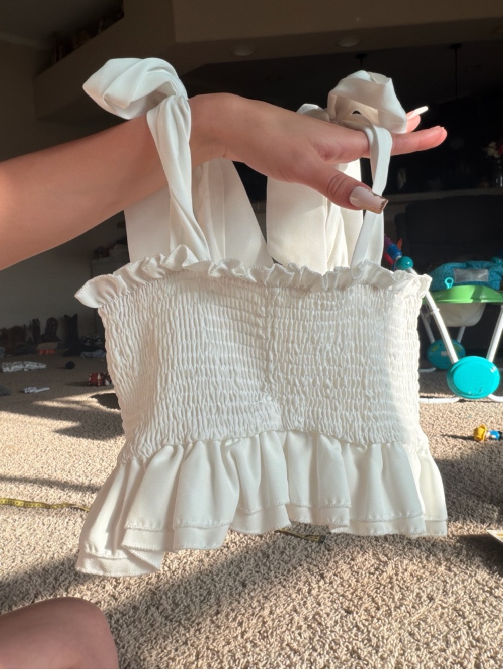 SHEIN white Shirred Tie-Strap Ruffle Crop Top